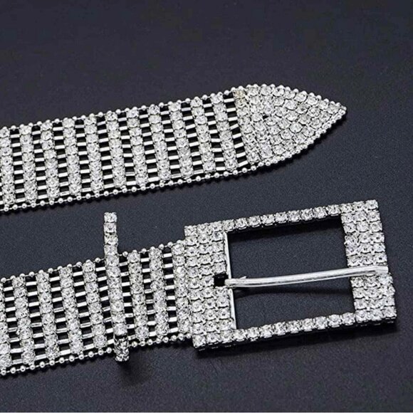 Embellished Silver Clear Rhinestone Diamanté 5 Row Chain Link Adjustable Belt main image 9